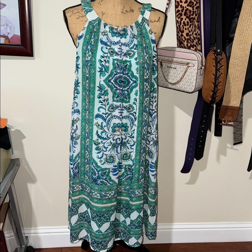 AUW Teal and White Floral Midi Dress